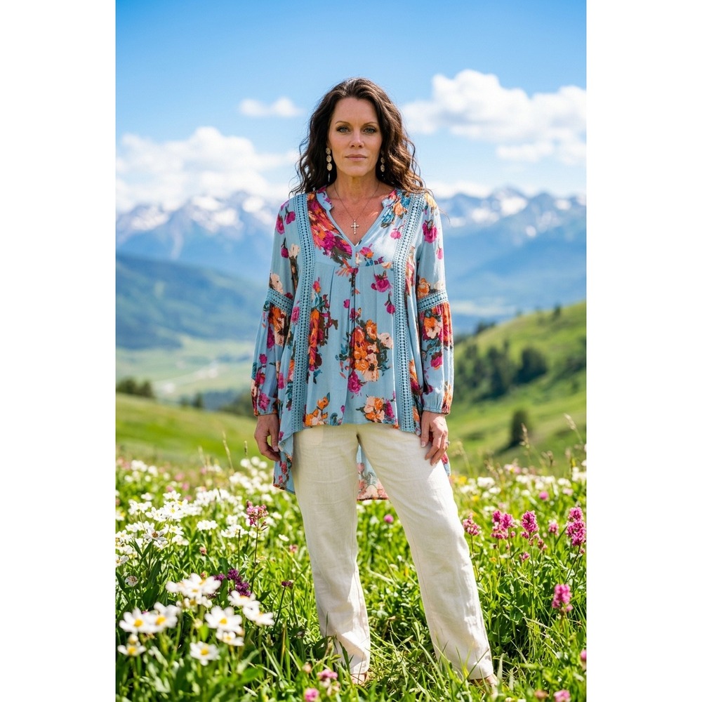 Blu Pepper Floral Crochet Lace Tunic Top Blue Boho Bell Sleeve Small